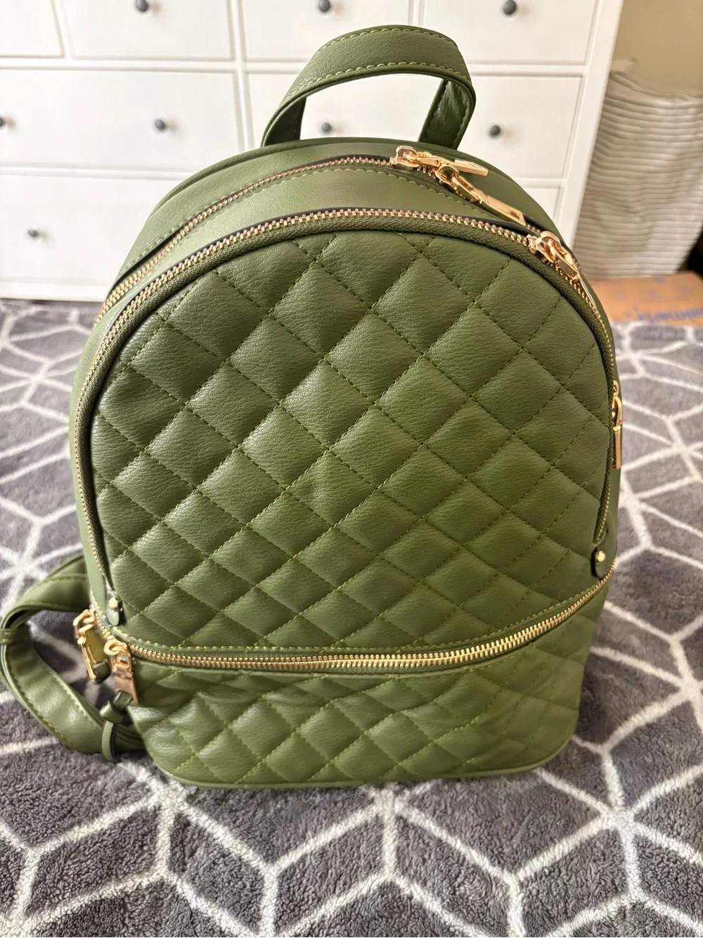 Quilted Olive Green Women’s Backpack - Stylish Everyday Bag and Wallet